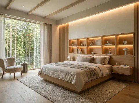 Scandinavian Bedroom with Open Headboard Cubbies