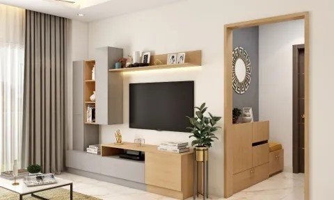 Geometric TV Wall with Champagne Metal Inlays